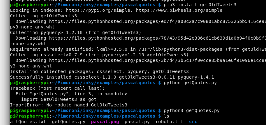 screenshot of code illustrating how to install getOldTweets3